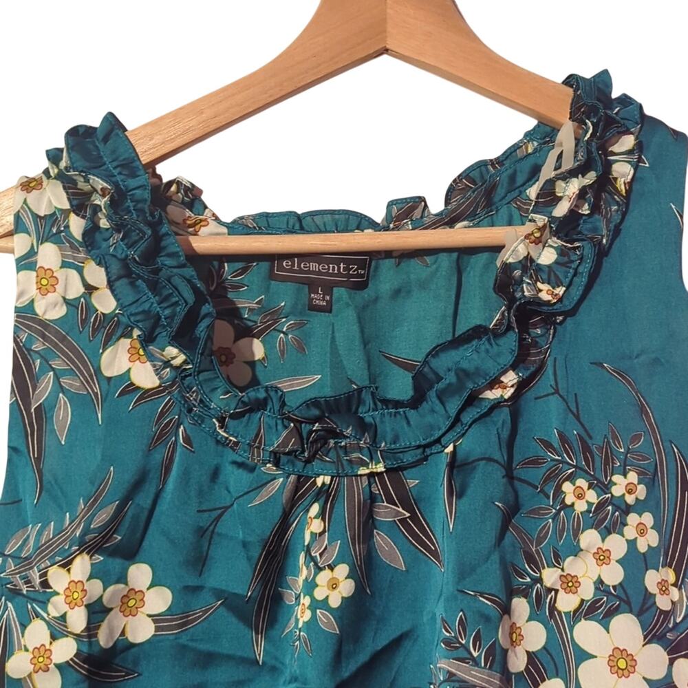 NWT Elementz Large Blue/Green/Teal Floral Ruffle Neck Blouse [0059] - Picture 3 of 7